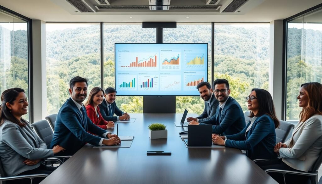 A modern office environment showcasing business solutions, with a large conference table in the foreground, surrounded by diverse professionals in smart business attire engaged in a dynamic discussion. In the middle, a sleek digital presentation screen displays colorful graphs and data analytics, highlighting innovative services. The background features floor-to-ceiling windows that let in natural light, overlooking a lush green landscape typical of the Eje Cafetero region. Use soft, bright lighting to create an inviting and motivational atmosphere. The camera angle should be slightly overhead, capturing both the professionals' expressions and the presentation, emphasizing collaboration and forward-thinking solutions. The overall mood is optimistic and focused, conveying professionalism and teamwork.