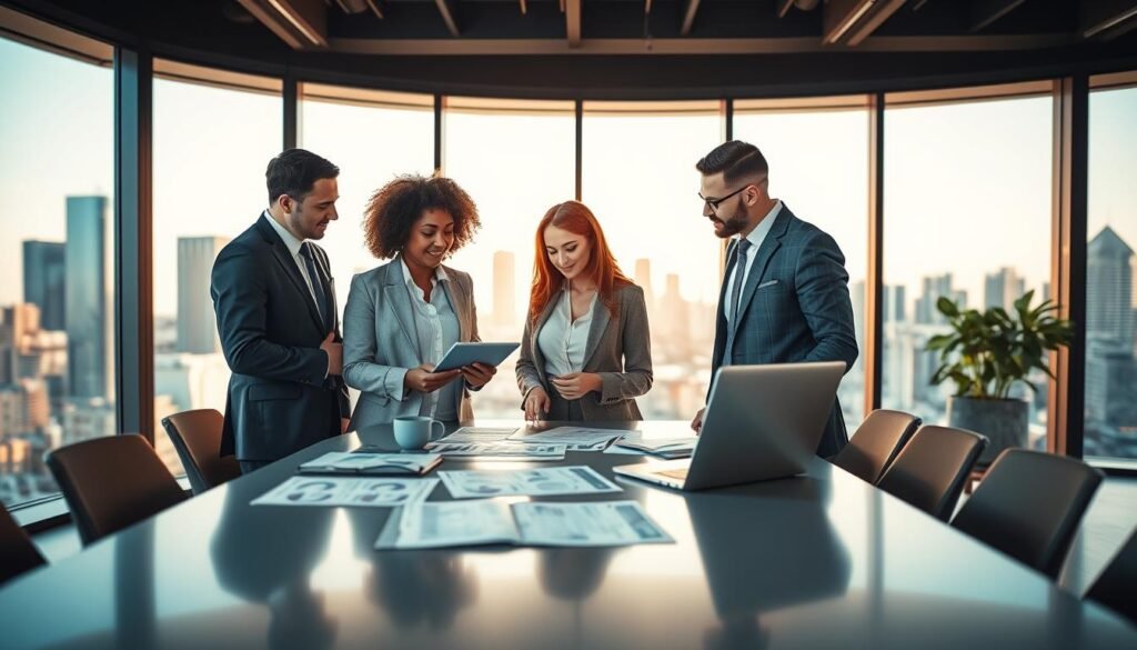 A modern office environment showcasing collaboration among diverse financial professionals. In the foreground, a group of three individuals in professional business attire engage in a strategic discussion, analyzing charts and reports on a tablet. The middle ground features a sleek conference table adorned with financial documents and a laptop, symbolizing teamwork. In the background, large windows provide a panoramic view of a city skyline, bathed in warm, natural light creating an optimistic atmosphere. The image is framed with a slight depth-of-field effect, focusing on the team while subtly blurring the city backdrop. The overall mood is dynamic and professional, reflecting the integration of financial talent in prominent companies.