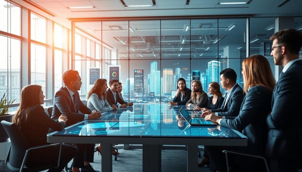A modern office environment showcasing digital innovation in financial functions. In the foreground, a diverse group of professionals, dressed in smart business attire, are engaged in discussion around a high-tech table with digital displays and tablets. The middle ground features a large glass wall displaying a futuristic cityscape with digital elements like graphs and data streams, symbolizing transformation. In the background, bright natural lighting spills into the workspace through large windows, creating a vibrant atmosphere. The mood is dynamic and collaborative, highlighting the intersection of finance and technology in a multinational corporate setting. Use a slightly elevated angle to capture the overall vibrancy of the scene, with a focus on creativity and innovation. A modern office environment showcasing digital innovation in financial functions. In the foreground, a diverse group of professionals, dressed in smart business attire, are engaged in discussion around a high-tech table with digital displays and tablets. The middle ground features a large glass wall displaying a futuristic cityscape with digital elements like graphs and data streams, symbolizing transformation. In the background, bright natural lighting spills into the workspace through large windows, creating a vibrant atmosphere. The mood is dynamic and collaborative, highlighting the intersection of finance and technology in a multinational corporate setting. Use a slightly elevated angle to capture the overall vibrancy of the scene, with a focus on creativity and innovation.