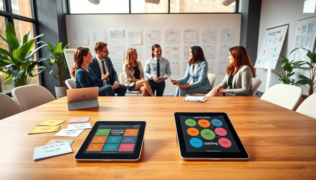 A modern office environment showcasing innovative coaching tools. In the foreground, a sleek wooden table holds a variety of colorful coaching aids: inspirational cards, digital tablets displaying interactive techniques, and brainstorming materials. In the middle ground, a diverse group of three professionals, dressed in smart business attire, engage in a collaborative discussion, surrounded by flowcharts and mind maps on the walls. The background features large windows with natural light streaming in, creating a warm and inviting atmosphere. The room's design elements include plants for a touch of nature and minimalist decor to enhance focus and creativity. The overall mood is dynamic and forward-thinking, reflecting the essence of innovative coaching practices.