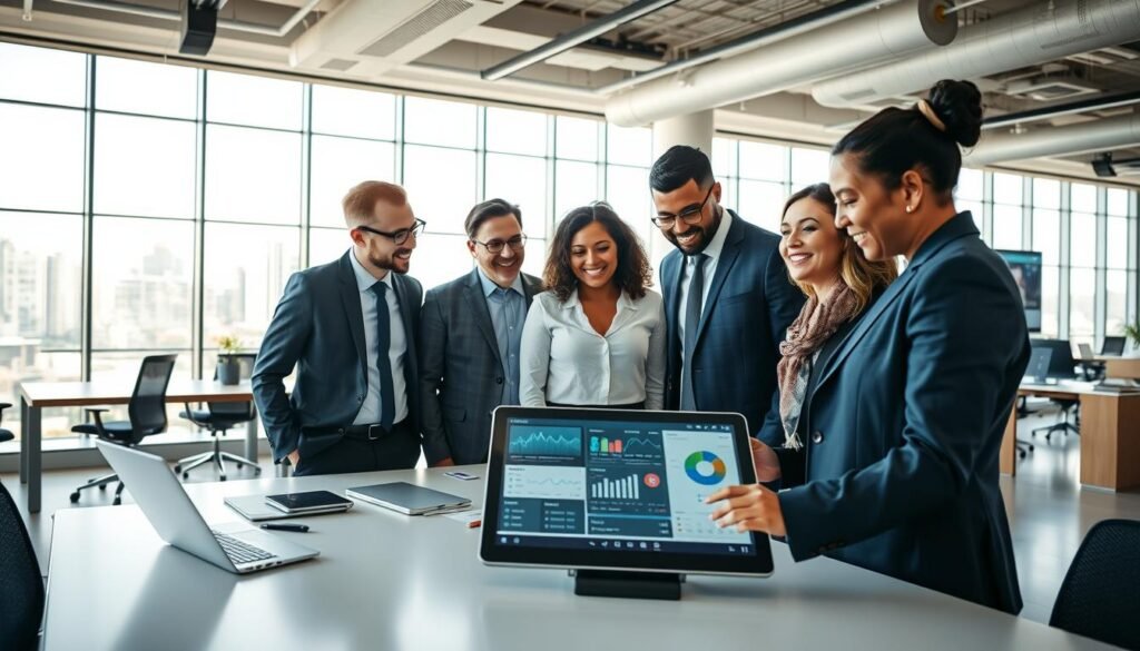 A modern office environment showcasing innovative recruitment techniques. In the foreground, a diverse group of four professionals in smart business attire is engaged in a lively discussion around a digital tablet displaying a recruitment platform. The middle layer features an open-plan workspace with sleek desks, laptops, and interactive screens displaying data analytics related to talent acquisition. In the background, large windows let in bright, natural light, illuminating the airy space, with city views of Colombia enhancing the atmosphere of growth and opportunity. The overall mood is dynamic and forward-thinking, emphasizing collaboration and technological advancement in business recruitment. The angle captures depth, highlighting the team's engagement while showcasing the innovative tools around them. A modern office environment showcasing innovative recruitment techniques. In the foreground, a diverse group of four professionals in smart business attire is engaged in a lively discussion around a digital tablet displaying a recruitment platform. The middle layer features an open-plan workspace with sleek desks, laptops, and interactive screens displaying data analytics related to talent acquisition. In the background, large windows let in bright, natural light, illuminating the airy space, with city views of Colombia enhancing the atmosphere of growth and opportunity. The overall mood is dynamic and forward-thinking, emphasizing collaboration and technological advancement in business recruitment. The angle captures depth, highlighting the team's engagement while showcasing the innovative tools around them.