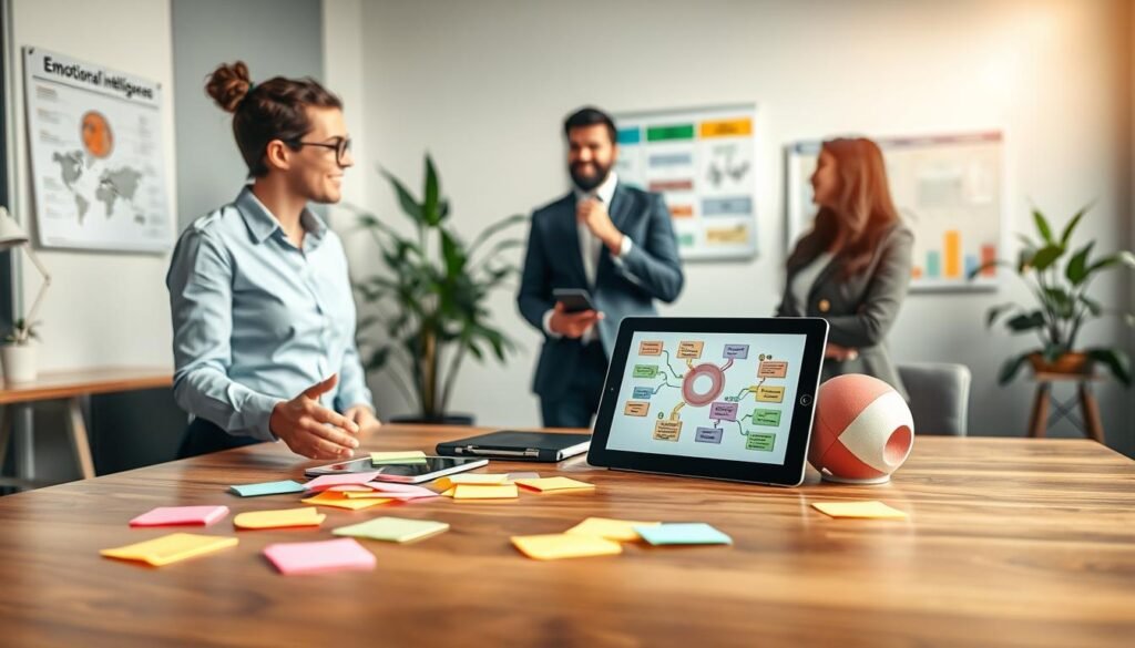 A modern office environment showcasing practical emotional intelligence tools. In the foreground, a polished wooden desk is scattered with colorful sticky notes, a digital tablet displaying a mind map, and a stress ball. In the middle, two professionals in business attire—one of them offering a supportive gesture, and the other appears thoughtful and engaged—engage in a discussion. The background features a large window with soft, natural light streaming in, illuminating a potted plant and a chart on the wall that illustrates emotional awareness. The atmosphere is focused yet calm, emphasizing collaboration and personal growth in a workplace setting. Use a slightly blurred background to enhance the intimacy of the interaction.