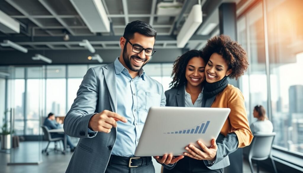 A modern office environment showcasing success in organizational transformation. In the foreground, a diverse group of two professionals, a man and a woman, both dressed in smart business attire, engaging in a collaborative discussion over a laptop. They are smiling and pointing at a visual graph displaying positive growth trends. In the middle ground, a glass-walled conference room with team members brainstorming around a table, capturing a dynamic atmosphere of collaboration and innovation. The background features a city skyline visible through large windows, symbolizing progress and opportunities. Soft natural lighting floods the space, creating an uplifting, inspiring mood that reflects professionalism and success. The camera angle is slightly elevated, providing a comprehensive view of the busy yet harmonious office space. A modern office environment showcasing success in organizational transformation. In the foreground, a diverse group of two professionals, a man and a woman, both dressed in smart business attire, engaging in a collaborative discussion over a laptop. They are smiling and pointing at a visual graph displaying positive growth trends. In the middle ground, a glass-walled conference room with team members brainstorming around a table, capturing a dynamic atmosphere of collaboration and innovation. The background features a city skyline visible through large windows, symbolizing progress and opportunities. Soft natural lighting floods the space, creating an uplifting, inspiring mood that reflects professionalism and success. The camera angle is slightly elevated, providing a comprehensive view of the busy yet harmonious office space.