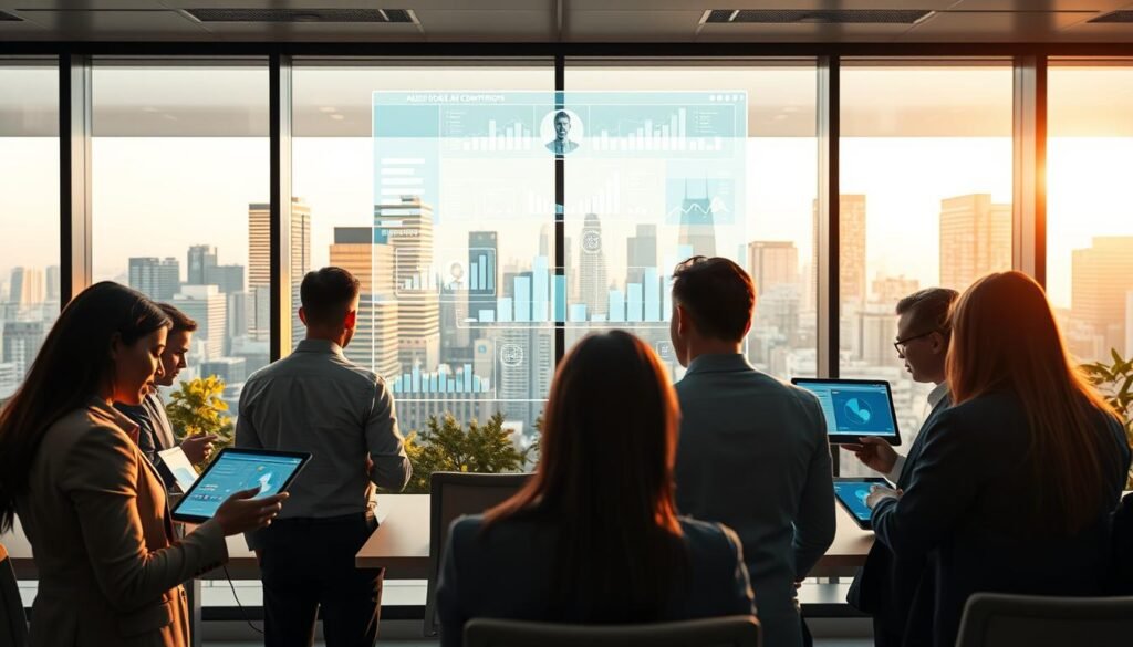 A modern office environment showcasing the concept of digital innovation in talent search. In the foreground, a diverse group of professionals in business attire are collaborating over digital devices, analyzing data on screens. In the middle, a large holographic interface displays dynamic graphs and profiles of job candidates, emphasizing technology's role in recruitment. The background features glass walls illustrating a bustling cityscape, symbolizing connectivity and opportunity. Soft, natural light filters through the windows, creating a bright and inspiring atmosphere. This scene captures a blend of teamwork, technology, and forward-thinking, conveying the essence of innovation and digitalization in talent acquisition. A modern office environment showcasing the concept of digital innovation in talent search. In the foreground, a diverse group of professionals in business attire are collaborating over digital devices, analyzing data on screens. In the middle, a large holographic interface displays dynamic graphs and profiles of job candidates, emphasizing technology's role in recruitment. The background features glass walls illustrating a bustling cityscape, symbolizing connectivity and opportunity. Soft, natural light filters through the windows, creating a bright and inspiring atmosphere. This scene captures a blend of teamwork, technology, and forward-thinking, conveying the essence of innovation and digitalization in talent acquisition.