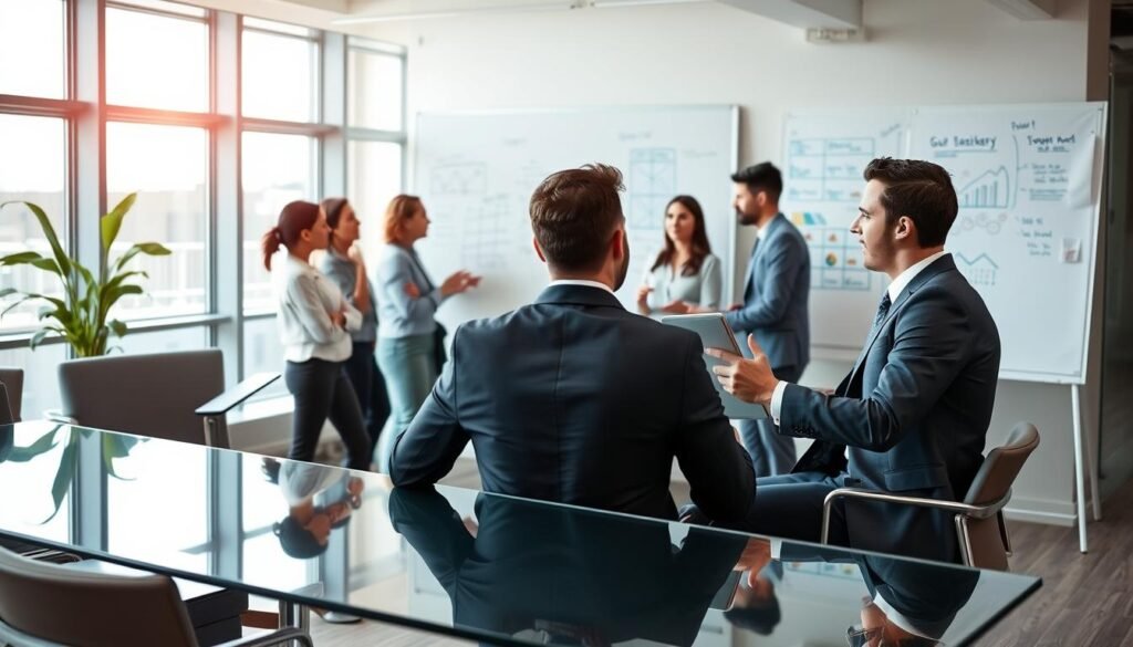 A modern office environment showcasing the headhunting process in human resources. In the foreground, a confident recruiter in professional business attire is actively interviewing a well-dressed job candidate seated at a sleek, glass table. The recruiter is explaining key points while reviewing a resume on a tablet. In the middle, collaborative team members are engaged in discussion, brainstorming ideas on a whiteboard filled with strategy notes and charts. The background features a contemporary office design with large windows, allowing soft, natural light to illuminate the scene, creating a warm and inviting atmosphere. The overall mood should convey professionalism, teamwork, and a sense of purpose, highlighting the dynamic process from identification to placement.