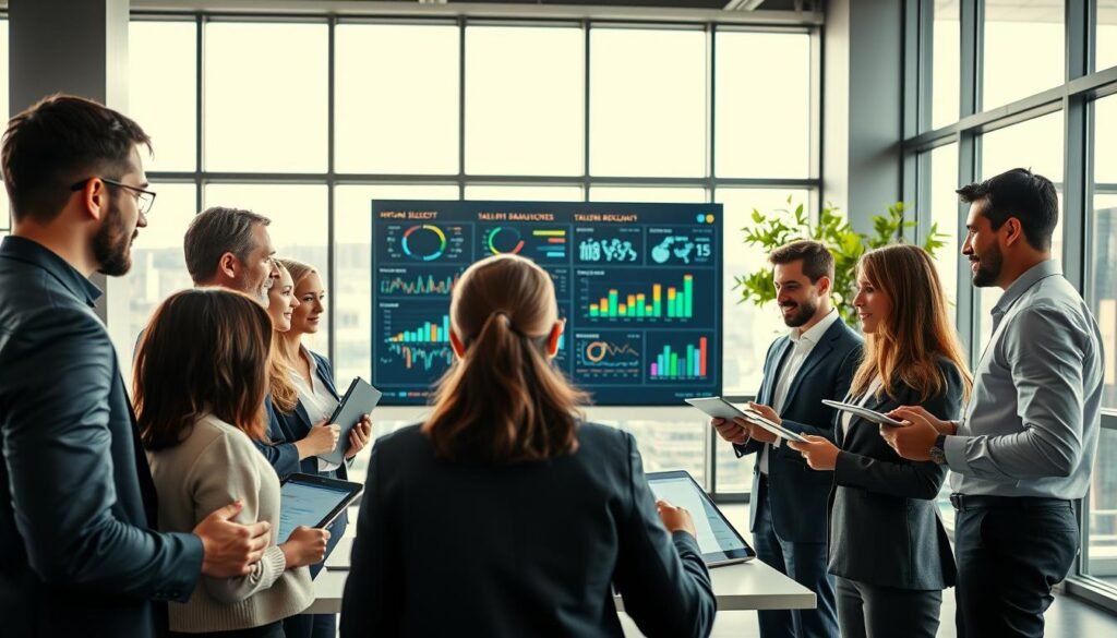 A modern office environment showcasing the optimization of human resources processes. In the foreground, a diverse group of professional recruiters in business attire are engaged in a collaborative meeting, discussing recruitment strategies with digital tablets and charts in hand. In the middle, a large screen displays data analytics related to talent selection and HR processes, with colorful graphs and trends. The background features a sleek, contemporary workspace with large windows allowing natural light to flood the room, creating a bright and uplifting atmosphere. The mood is focused and productive, emphasizing teamwork and innovative solutions. Use a wide-angle lens to capture the full dynamic of the office setting, enhancing the sense of collaboration and efficiency.