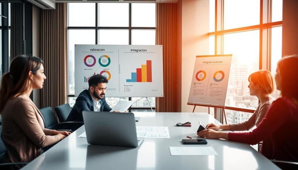 A modern office environment, vividly showcasing a collaborative workspace where diverse professionals engage in discussions and evaluations. In the foreground, two business consultants—one male and one female—are seated at a sleek conference table, intensely reviewing documents and analyzing data on a laptop. In the middle ground, a large whiteboard displays colorful charts and graphs illustrating the "valoración" and "integración" processes, symbolizing integral evaluations in executive talent search. The background features floor-to-ceiling windows with a view of the city skyline, letting in warm, natural light that creates an inviting atmosphere. The composition should reflect a mood of professionalism and focus, emphasizing teamwork and strategic thinking in the process of talent acquisition. Use a slightly elevated angle for a dynamic perspective, capturing the essence of integration in corporate evaluation.