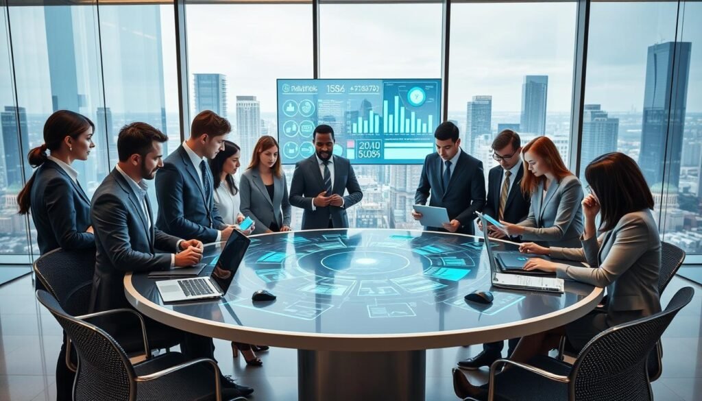 A modern office environment with a focus on digitalization and process optimization. In the foreground, a diverse group of professionals in smart business attire collaborates around a sleek, high-tech circular table filled with digital devices, charts, and graphs, showcasing data analytics. The middle ground features a large digital screen displaying dynamic infographics and workflow automation diagrams, illuminated with soft blue and green LED lighting to create a futuristic atmosphere. In the background, tall glass windows offer a view of a bustling cityscape, enhancing the feeling of progress and innovation. The lighting is bright yet soft, creating an inspiring and motivating mood that emphasizes teamwork and technology in business optimization.