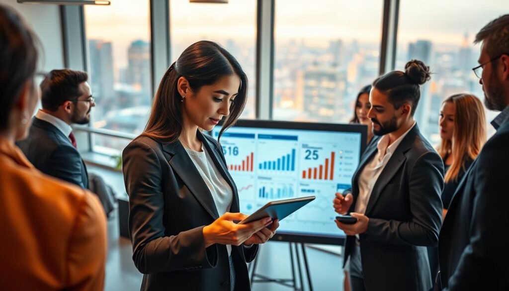 A modern office environment with a professional atmosphere, showcasing a diverse group of individuals engaged in a collaborative session. In the foreground, a businesswoman in a smart blazer is analyzing data on a sleek tablet, her focused expression reflecting determination. The middle ground features a digital whiteboard displaying graphs and AI-driven data visualizations, with warm lighting illuminating the scene. In the background, large windows offer a view of a vibrant cityscape, hinting at a bustling tech hub. The overall mood is one of innovation and teamwork, with a clear emphasis on the integration of AI in optimizing search technologies. Use a wide-angle lens to capture the depth of the workspace, ensuring sharp details and a bright, optimistic atmosphere.