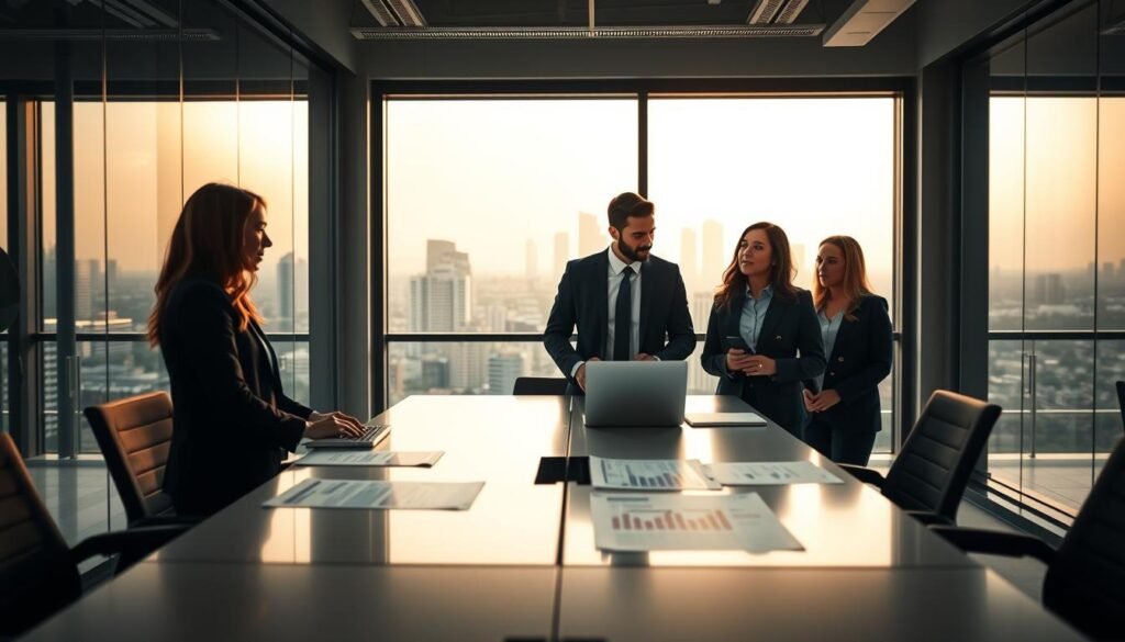 A modern office interior showcasing a professional recruitment agency specializing in finance in Colombia. In the foreground, a diverse group of three business professionals, two women and one man, are engaged in a discussion, dressed in sharp business attire—suits and blazers. The middle ground features a sleek conference table with laptops and financial reports, reflecting a collaborative environment. The background presents a large window revealing the skyline of a Colombian city, bathed in warm, natural light, suggesting a bright and productive atmosphere. Soft, ambient lighting enhances the focus on the professionals while conveying an inviting and dynamic mood. The image captures the essence of strategic talent acquisition in the financial sector.
