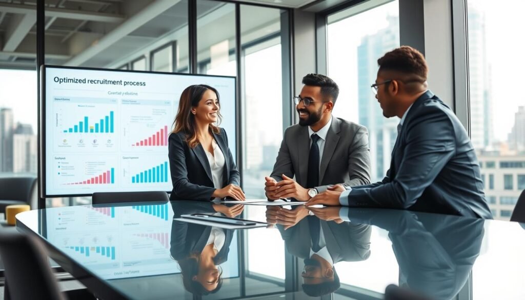 A modern office interior showcasing an optimized recruitment and selection process. In the foreground, a diverse group of three professionals, a woman and two men, are engaged in a dynamic discussion around a sleek, glass conference table, all dressed in smart business attire. The middle ground features a digital display board with graphs and flowcharts illustrating recruitment metrics, emphasizing efficiency. The background contains large windows letting in soft, natural light, revealing a bustling cityscape. The atmosphere is positive and collaborative, highlighting innovation and professionalism. The shot is taken from a slightly elevated angle to capture the interaction and the visual data, creating a sense of engagement and forward-thinking in the recruitment process. A modern office interior showcasing an optimized recruitment and selection process. In the foreground, a diverse group of three professionals, a woman and two men, are engaged in a dynamic discussion around a sleek, glass conference table, all dressed in smart business attire. The middle ground features a digital display board with graphs and flowcharts illustrating recruitment metrics, emphasizing efficiency. The background contains large windows letting in soft, natural light, revealing a bustling cityscape. The atmosphere is positive and collaborative, highlighting innovation and professionalism. The shot is taken from a slightly elevated angle to capture the interaction and the visual data, creating a sense of engagement and forward-thinking in the recruitment process.