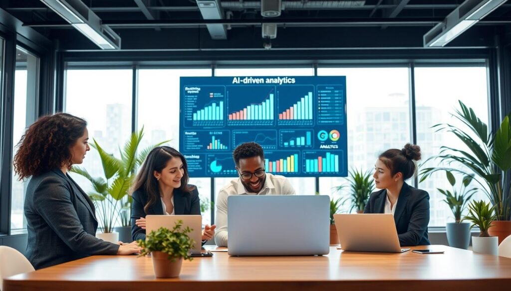 A modern office scene showcasing diverse professionals engaged in a collaborative brainstorming session. In the foreground, a group of three individuals—two women and one man—are analyzing data on a laptop, all dressed in smart business attire. The middle ground features a large digital screen displaying charts and AI-driven analytics, emphasizing innovative strategies in headhunting. In the background, large windows let in soft, natural light, creating a bright and inviting atmosphere. Potted plants add a touch of greenery, enhancing the modern workspace vibe. The overall mood conveys professionalism, creativity, and the seamless integration of technology in recruitment practices. A modern office scene showcasing diverse professionals engaged in a collaborative brainstorming session. In the foreground, a group of three individuals—two women and one man—are analyzing data on a laptop, all dressed in smart business attire. The middle ground features a large digital screen displaying charts and AI-driven analytics, emphasizing innovative strategies in headhunting. In the background, large windows let in soft, natural light, creating a bright and inviting atmosphere. Potted plants add a touch of greenery, enhancing the modern workspace vibe. The overall mood conveys professionalism, creativity, and the seamless integration of technology in recruitment practices.