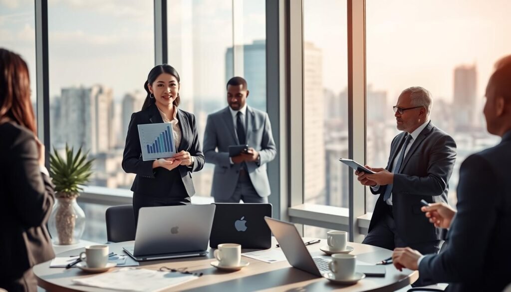 A modern office setting depicting a diverse group of professionals engaged in a strategic meeting focused on financial leadership. In the foreground, an Asian woman in a tailored blazer stands confidently, presenting a digital chart analyzing market trends. Beside her, a Black man in business attire takes notes, showcasing collaboration. In the middle ground, a round table filled with financial reports, laptops, and coffee cups indicates a dynamic discussion. The background features a large window with a city skyline, allowing natural light to flood the room, creating a bright and optimistic atmosphere. The scene captures a sense of urgency and innovation, highlighting advanced strategies in finance leadership recruitment. Realistic lighting with a slight warm tone enhances the professional yet inviting mood.