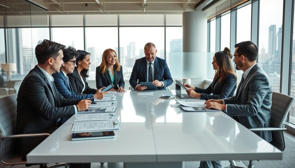 A modern office setting depicting a professional and efficient recruitment process. In the foreground, a diverse group of hiring managers in business attire are engaged in discussion around a sleek conference table, reviewing resumes and candidate profiles on digital tablets. In the middle ground, a candidate is seated, exuding confidence, as they answer questions from the interviewers. The background showcases a bright, well-lit office space with city views through large windows, creating an atmosphere of professionalism and opportunity. Soft, natural lighting floods the room, enhancing the warm and inviting tone. The image captures the essence of a streamlined and effective hiring process, emphasizing collaboration and assessment in a corporate environment.