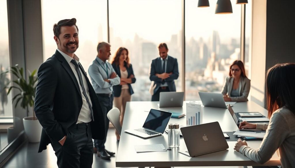 A modern office setting featuring a confident Director of Operations in the foreground, dressed in professional business attire, engaged in a discussion with a diverse team of startup professionals. The midground includes a sleek conference table with laptops, brainstorming materials, and charts showcasing growth. In the background, large glass windows reveal a city skyline, illuminated by soft, natural light, suggesting an early morning atmosphere. The mood is collaborative and energetic, symbolizing innovation and leadership within a startup environment. Use a slightly elevated angle to capture the dynamics of the interaction, ensuring focus on the Director of Operations while highlighting the team's engagement and professionalism.