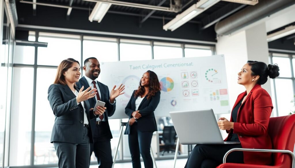 A modern office setting, featuring a diverse group of three professionals engaged in a dynamic coaching session focused on talent development. In the foreground, a Caucasian woman in smart business attire is actively listening and taking notes. To her left, a Black man in a tailored suit gestures passionately as he shares insights, while a Hispanic woman in a smart casual outfit nods in agreement, her laptop open beside her. In the middle ground, a large whiteboard displays colorful diagrams and notes related to coaching techniques. The background reveals a bright, open office filled with natural light pouring in through large windows, enhancing the collaborative atmosphere. The overall mood is optimistic and focused, emphasizing growth and integration in talent development through executive coaching.