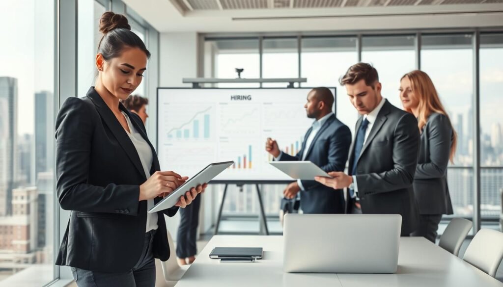 A modern office setting featuring a diverse team of professionals engaged in evaluation processes using advanced technological tools. In the foreground, a confident woman reviews data on a sleek tablet, while a man in a suit analyzes information displayed on a large dual-screen setup. The middle of the scene shows a collaborative atmosphere with a digital whiteboard filled with graphs and charts. Soft, natural lighting pours through large windows, creating a bright ambiance. In the background, a modern city skyline is visible, symbolizing growth and innovation. The mood is focused yet dynamic, capturing a sense of teamwork and technological advancement in the hiring process. No text or watermarks present.