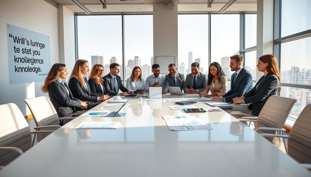 A modern office setting, filled with a bright and collaborative atmosphere. In the foreground, a diverse group of professionals, dressed in smart business attire, are engaged in a lively discussion around a large, sleek conference table. Charts and digital devices are scattered on the table, symbolizing knowledge assessment tools. In the middle ground, large windows let in natural sunlight, illuminating the workspace and creating a warm, inviting mood. On the walls, motivational quotes and graphs reflect the theme of skill development and knowledge evaluation. The background features a vibrant city skyline, hinting at growth and opportunity. This image should convey a sense of professionalism, teamwork, and the dynamic benefits of knowledge testing in both educational and workplace environments. Use soft lighting to enhance the inviting atmosphere.