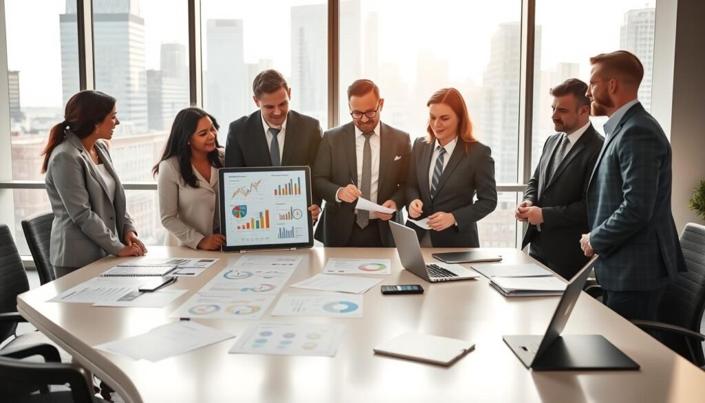 A modern office setting focused on business process diagnostics and optimization. In the foreground, a diverse group of professionals in business attire, engaged in animated discussion around a digital tablet displaying colorful graphs and flowcharts. The middle ground shows a large, sleek conference table with documents and laptops scattered about, illustrating a collaborative work environment. The background features large windows letting in bright, natural light, with a view of city skyscrapers, creating a vibrant atmosphere. Utilize soft, warm lighting to enhance the inviting mood, and use a slightly elevated camera angle for a comprehensive view of the whole scene. Emphasize clarity and professional engagement to reflect the theme of growth and transformation in business processes.