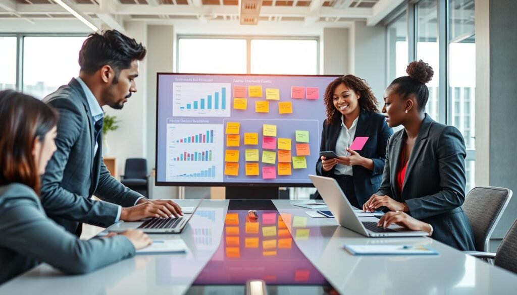 A modern office setting, illustrating advanced talent search and evaluation strategies. In the foreground, a diverse group of three professionals, dressed in smart business attire, engaging in a collaborative discussion around a sleek table with laptops and notepads. In the middle, a large digital screen displays graphs and statistics related to talent acquisition and evaluation processes, while colorful post-it notes highlight key strategies. The background features a bright, airy office with large windows, allowing natural light to flood the space, enhancing the productive atmosphere. The mood is focused yet inspiring, capturing the dynamic nature of talent hunting. The camera angle is slightly elevated, offering a comprehensive view of the workspace and its vibrant energy.