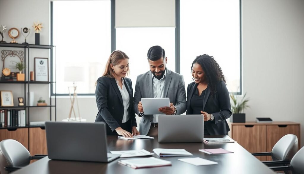 A modern office setting representing a talent agency. In the foreground, a diverse group of three professional individuals, a Caucasian woman and a Hispanic man in formal business attire, and a Black woman in smart casual clothing, are engaged in a discussion over a laptop. The middle ground features a sleek conference table with business documents and a notepad scattered around. Background elements include shelves filled with awards and books about career development, and a large window allowing natural light to flood the room, casting soft shadows. The overall atmosphere should convey professionalism and collaboration, highlighting the importance of choosing the right talents for business success. The lighting is bright and inviting, captured with a slight depth of field to emphasize the subjects.