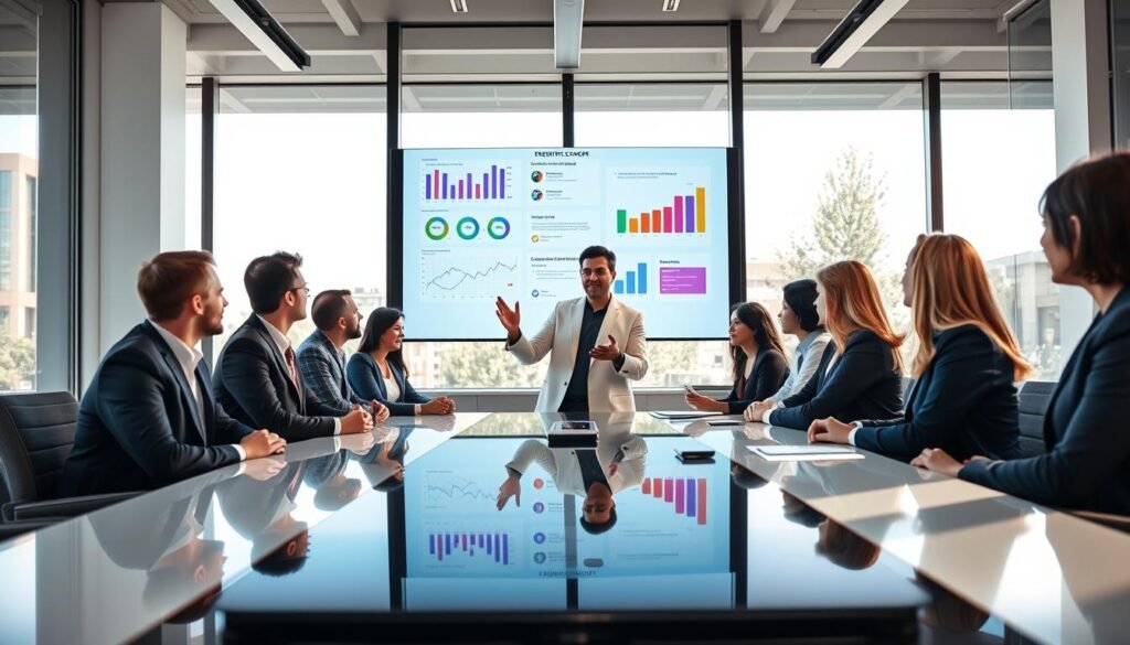 A modern office setting showcasing a collaborative business meeting focused on executive coaching and strategic planning. In the foreground, a diverse group of professionals dressed in professional business attire—both men and women—are engaged in discussion around a sleek conference table. They are reviewing a large digital screen displaying charts and strategy diagrams in vibrant colors. In the middle ground, an expert coach is presenting insightful strategies, gesturing enthusiastically. In the background, large windows allow natural light to flood the room, casting soft shadows and creating a bright, optimistic atmosphere. The composition uses a slight upward angle, emphasizing the importance of teamwork and leadership development. Ideal for capturing the essence of integrating coaching with business strategy.