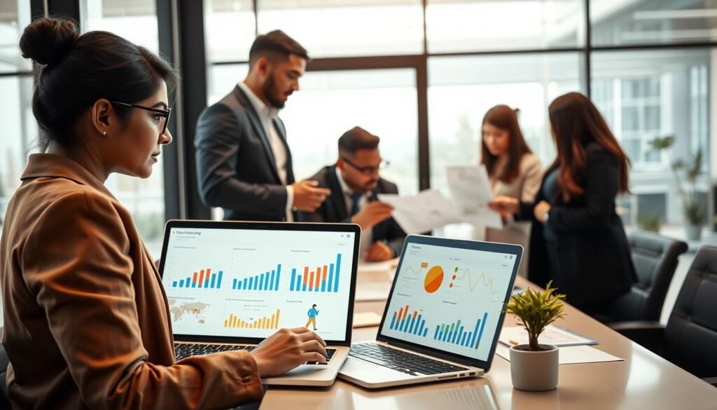 A modern office setting showcasing a diverse team of HR consultants collaborating on personalized strategies. In the foreground, a focused consultant, a South Asian woman in professional attire, reviews a laptop screen with charts and graphs displaying data analysis for HR software solutions. In the middle ground, a Black man and a Hispanic woman engage in a brainstorming session, surrounded by notes and visual aids that illustrate action plans and human resource strategies. The background features a sleek office environment with large windows, allowing natural light to flood the space, creating a bright and optimistic atmosphere. The image should convey a sense of teamwork, professionalism, and innovation in human resources, emphasizing the transition from consultancy to software solutions. A modern office setting showcasing a diverse team of HR consultants collaborating on personalized strategies. In the foreground, a focused consultant, a South Asian woman in professional attire, reviews a laptop screen with charts and graphs displaying data analysis for HR software solutions. In the middle ground, a Black man and a Hispanic woman engage in a brainstorming session, surrounded by notes and visual aids that illustrate action plans and human resource strategies. The background features a sleek office environment with large windows, allowing natural light to flood the space, creating a bright and optimistic atmosphere. The image should convey a sense of teamwork, professionalism, and innovation in human resources, emphasizing the transition from consultancy to software solutions.