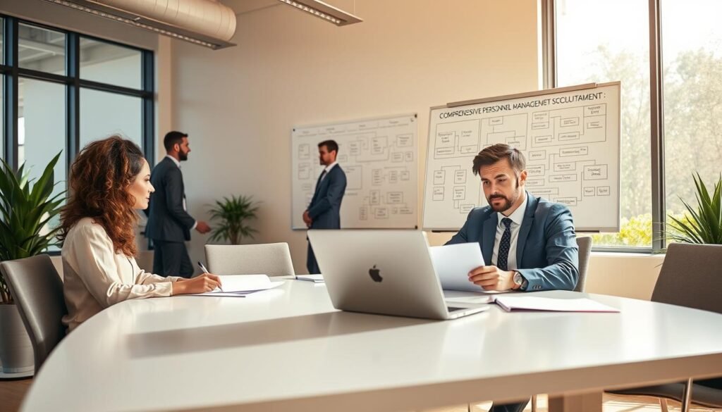 A modern office setting showcasing a diverse team of professionals engaged in a collaborative environment. In the foreground, two professionals, a man and a woman, are seated at a sleek conference table, reviewing documents on a laptop; both wear formal business attire. The middle ground features a whiteboard filled with strategic plans and flowcharts, symbolizing comprehensive personnel management solutions. The background shows large windows with sunlight streaming in, creating a bright and inviting atmosphere. The color palette is warm, with hints of greenery from potted plants. The composition captures a sense of teamwork, innovation, and professionalism, conveying a positive and progressive mood. The angle is slightly elevated, giving a comprehensive view of the dynamic workspace.