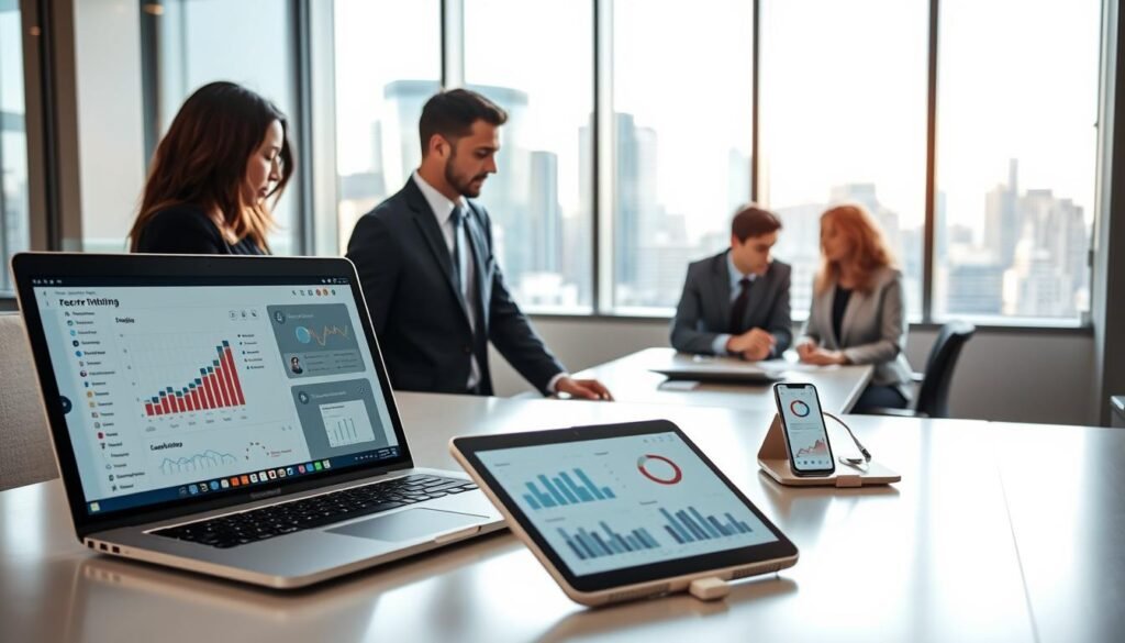 A modern office setting showcasing advanced recruitment technology tools. In the foreground, a sleek laptop displays a sophisticated recruitment software interface, surrounded by a tablet and smartphone with graphs and analytics. In the middle ground, a diverse group of professionals in smart business attire collaborates, discussing candidate profiles over a conference table. Behind them, a large window reveals a bustling cityscape, flooded with natural light, creating an optimistic atmosphere. The lighting is bright and airy, highlighting the innovative tools and the engaged expressions of the team. The image captures a sense of professionalism and efficiency in the recruitment process, emphasizing the role of technology in hiring.