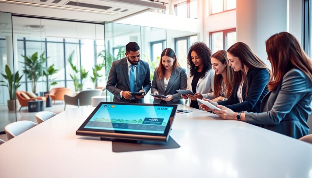 A modern office setting showcasing innovation in talent management. In the foreground, a diverse group of professionals in business attire collaborates around a sleek conference table, sharing digital tablets and a large interactive screen displaying graphs and analytics. The middle ground features a glass wall separating this space from a bright, open area with lounge seating and plants, symbolizing a creative work environment. In the background, large windows let in warm, natural light, creating an inviting atmosphere. The composition should convey a sense of teamwork, innovation, and professionalism, with a focus on the vibrant colors of the office décor and the expressions of engagement on the professionals' faces. Use a wide-angle lens perspective to capture the breadth of the space.