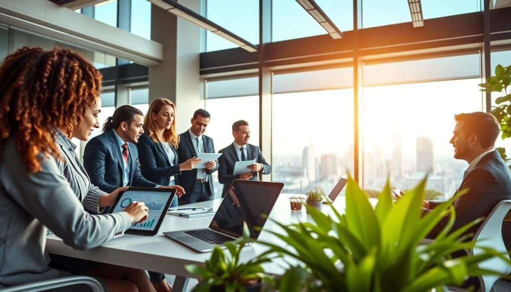 A modern office setting showcasing the advantages of high-level temporary recruitment. In the foreground, a diverse group of professional recruiters in business attire engaging in a meeting, animatedly discussing strategies with digital tablets and charts. The middle features a sleek conference table with laptops open, showcasing recruitment data, surrounded by vibrant plants that suggest a positive work environment. In the background, large windows reveal a bustling cityscape, with natural sunlight streaming through, creating a bright and optimistic atmosphere. The scene conveys professionalism, collaboration, and effectiveness, with a slight depth of field to focus on the recruiters, emphasizing their expertise in the field of high-level management recruitment.