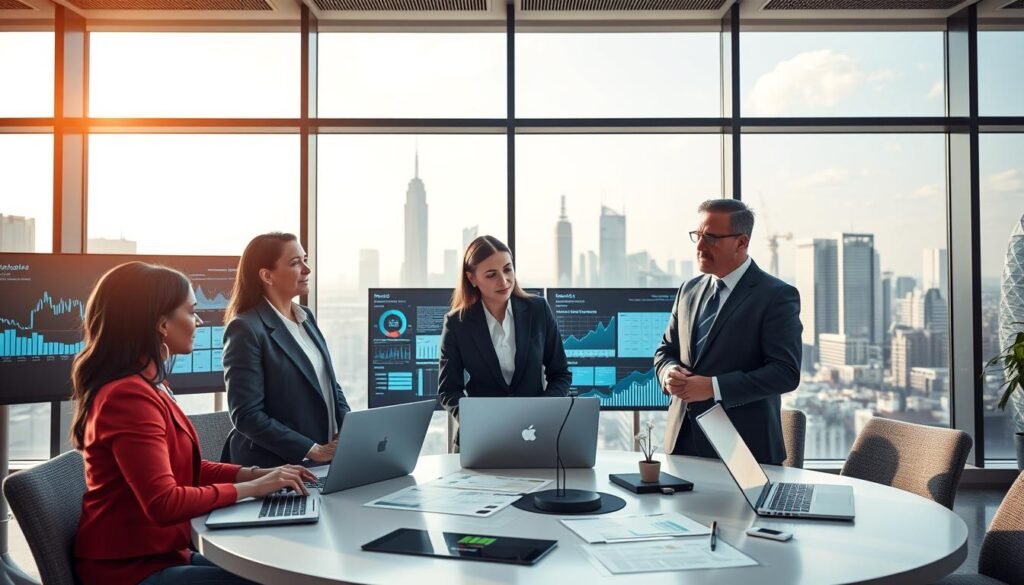 A modern office setting showcasing the integration of technology in human resources. In the foreground, a diverse group of three professionals in smart business attire—two women of different ethnicities and one man—are engaged in a discussion around a circular table with laptops and digital interfaces displaying graphs and analytics. The middle ground features large monitors with data visualizations and collaborative software tools in use. In the background, large windows offer a view of a vibrant city skyline, bathed in natural daylight, enhancing the feeling of progress and innovation. The overall atmosphere is dynamic and positive, conveying the excitement of blending technology with human resource practices, represented through sleek design and vibrant colors. The shot is taken from a slightly elevated angle to capture the teamwork and technology effectively.