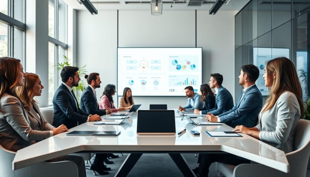 A modern office setting showcasing the optimization of the candidate selection process. In the foreground, a diverse group of professional individuals in business attire are engaged in a dynamic discussion around a sleek conference table covered with digital devices and candidate profiles. The middle ground features a large presentation screen displaying flowcharts and data analytics related to recruitment processes. In the background, large windows let in soft, natural light, illuminating the contemporary office design with a hint of greenery visible outside. The atmosphere is collaborative and focused, conveying the efficiency and innovation in recruitment services in Colombia. The image captures the essence of teamwork and technology in professional hiring solutions.