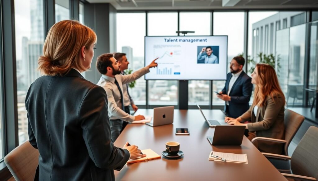 A modern office setting with a diverse group of professionals engaged in a collaborative brainstorming session focused on talent management. In the foreground, a middle-aged woman in a smart business suit is leading the discussion, pointing to a digital presentation on a large screen. Two men and a woman, also dressed in professional attire, listen intently, taking notes. In the middle ground, a sleek conference table is adorned with notepads, laptops, and coffee cups. The background features large windows with a view of a cityscape, allowing natural light to illuminate the room. The atmosphere is dynamic and professional, conveying teamwork and strategic planning in human resource consulting. Use soft, diffused lighting to enhance a warm and inviting feel.
