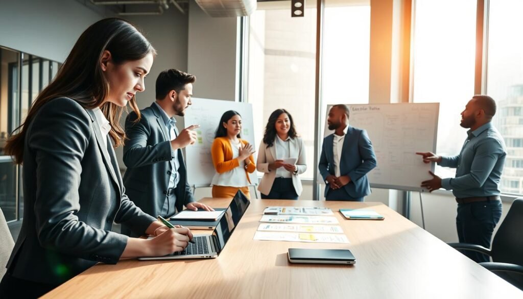 A modern office setting with a professional atmosphere, showcasing a team of diverse recruiters engaged in a strategic discussion around a large table. In the foreground, a focused woman in formal attire writes notes and analyzes candidate profiles on a laptop, while a man gestures towards a whiteboard filled with post-it notes and graphs. In the middle, a group of three professionals, including a woman of Asian descent and a man of African descent, are actively collaborating, sharing ideas on how to attract ideal candidates. The background features large windows allowing warm, natural light to fill the room, creating a bright and inviting environment. The mood is dynamic and collaborative, emphasizing teamwork and innovation in talent acquisition.