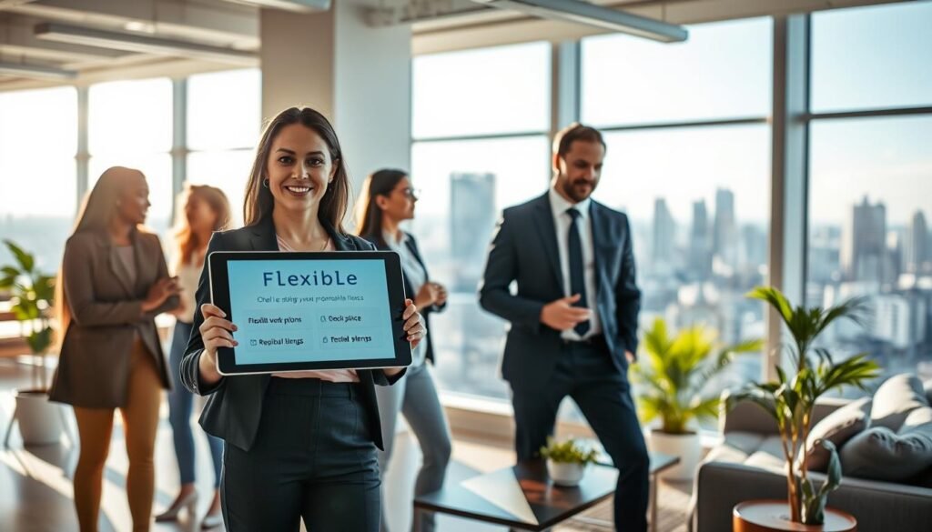 A modern office space filled with natural light, showcasing a diverse group of professionals engaged in a collaborative discussion. In the foreground, a confident woman in smart casual attire gestures towards a digital device displaying flexible work options, while a man in a suit nods thoughtfully. The middle ground features a comfortable lounge area with a coffee table and plants, symbolizing a relaxed work environment. In the background, large windows reveal a vibrant cityscape, indicating a progressive workplace culture. Soft sunlight streams in, creating a warm and inviting atmosphere, highlighting the idea of personalized benefits and work-life balance. The composition focuses on teamwork and innovation, reflecting the essence of flexible work arrangements.