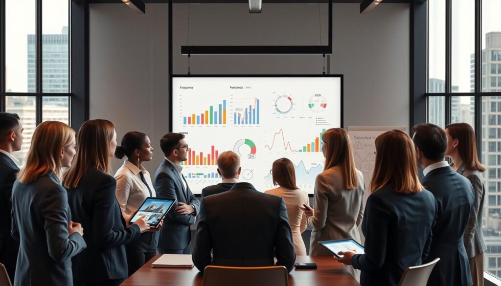 A modern office space illustrating the implementation of KPIs and digital success measurement tools in the financial sector. In the foreground, a diverse group of professionals in business attire engages in discussion around a large digital dashboard displaying colorful graphs and metrics. In the middle ground, sleek, high-tech devices such as tablets and laptops show data analysis, while a whiteboard is filled with strategic plans and KPIs drawn in a clear, organized manner. The background features large windows with a city view, letting in natural light that casts a warm, professional atmosphere. The scene is well-lit and conveys a sense of collaboration and innovation, emphasizing the importance of data-driven decision-making in digital transformation.