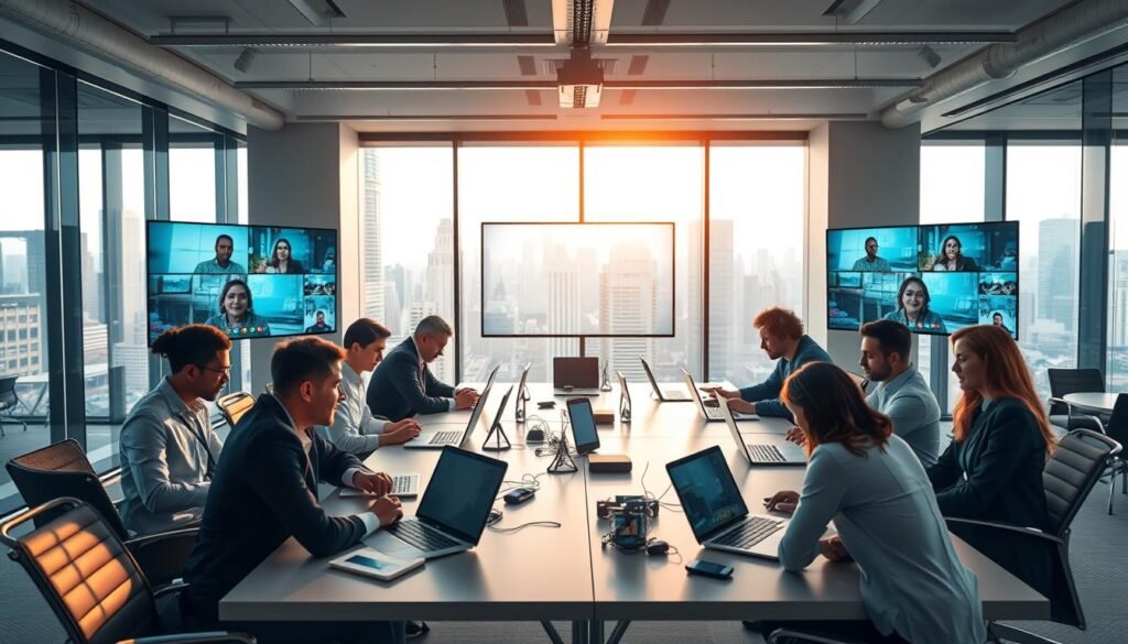 A modern office space representing hybrid work environments, showcasing a blend of remote and in-person settings. In the foreground, diverse professionals in smart casual and business attire are collaborating over laptops and digital devices, illustrating focused discussions. The middle ground features a large meeting table with digital screens displaying video calls and virtual presentations, symbolizing connectivity and teamwork. In the background, large windows reveal a bustling cityscape, bathed in soft, natural daylight to create an inviting atmosphere. The lighting is warm and balanced, enhancing the sense of productivity and innovation. The mood is dynamic and collaborative, reflecting adaptability to new work environments in a professional setting. A modern office space representing hybrid work environments, showcasing a blend of remote and in-person settings. In the foreground, diverse professionals in smart casual and business attire are collaborating over laptops and digital devices, illustrating focused discussions. The middle ground features a large meeting table with digital screens displaying video calls and virtual presentations, symbolizing connectivity and teamwork. In the background, large windows reveal a bustling cityscape, bathed in soft, natural daylight to create an inviting atmosphere. The lighting is warm and balanced, enhancing the sense of productivity and innovation. The mood is dynamic and collaborative, reflecting adaptability to new work environments in a professional setting.