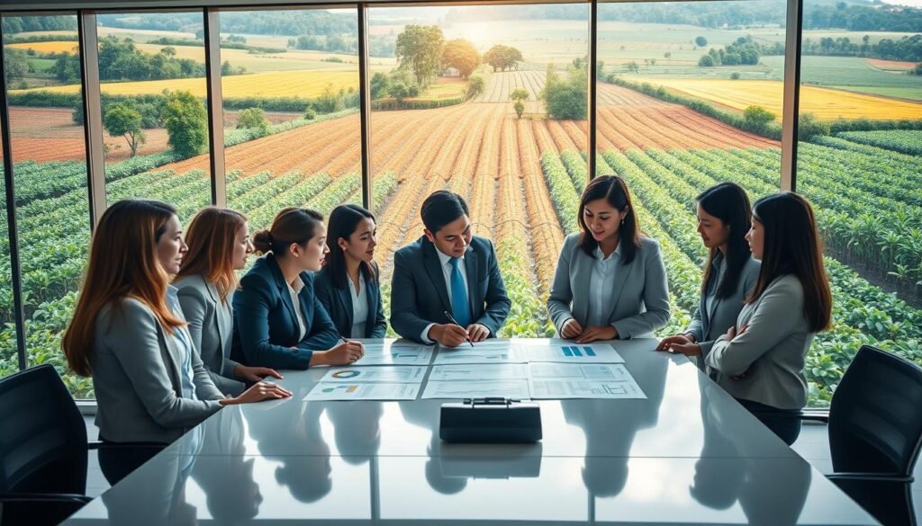 A modern office space that reflects the agroindustrial sector in Colombia, featuring a vibrant, lush background of agricultural fields and crops, possibly including coffee or sugarcane plants. In the foreground, a diverse group of professionals in business attire engage in a discussion, analyzing reports or charts on a sleek conference table. The middle layer showcases a large window with natural light pouring in, illuminating the space and creating a warm, inviting atmosphere. Use a wide-angle lens to capture the depth of the scene, emphasizing the connection between the indoor environment and the flourishing agricultural landscape outside. Aim for a professional yet approachable mood that conveys expertise and experience in the agroindustrial field.
