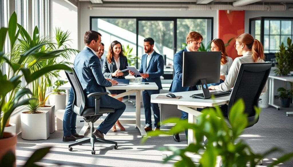 A modern office workspace emphasizing ergonomics and health, featuring an adjustable sit-stand desk with a comfortable chair designed for posture support. In the foreground, a diverse group of professionals in business attire are engaged in collaborative work, showcasing positive body language and teamwork. The middle ground includes ergonomic accessories such as a keyboard and mouse positioned to reduce strain. The background presents a well-lit, open office environment with plants, natural light streaming through large windows, and vibrant colors that create an inviting atmosphere. The scene captures a sense of wellbeing, productivity, and a commitment to worker health, all while maintaining a clean and organized setting. Soft lighting enhances the harmonious mood, emphasizing the importance of ergonomics in the workplace.