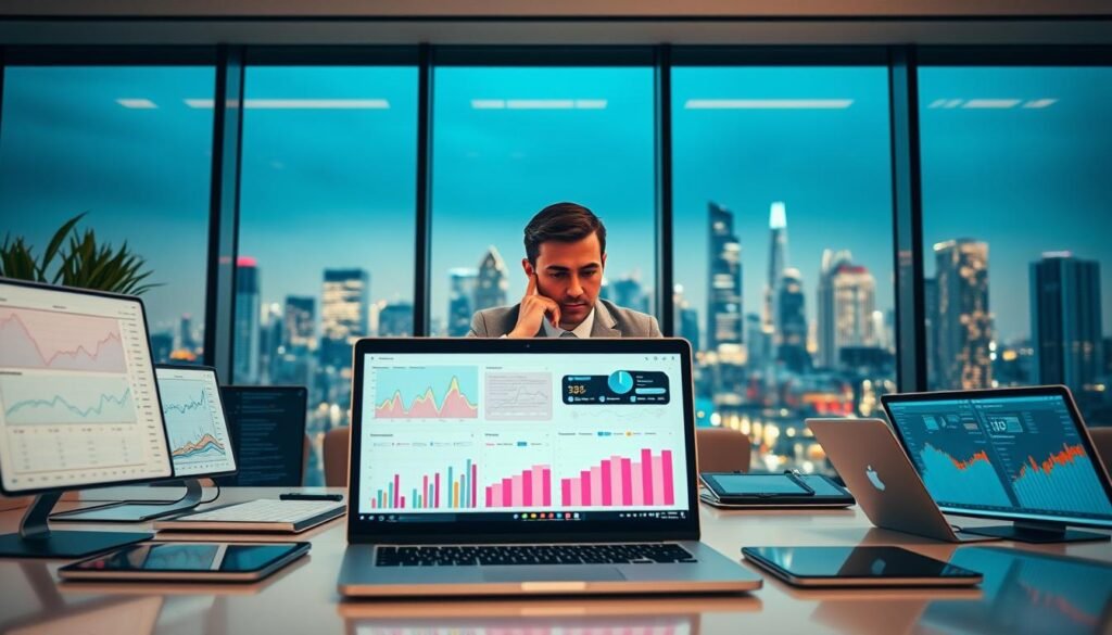 A modern office workspace featuring advanced data analysis tools and technology. In the foreground, a sleek laptop displays vibrant graphs and data visualizations on its screen, surrounded by digital tablets and analytics dashboards. The middle layer includes a professional in formal business attire, deeply engaged in thought while reviewing data, with a focused expression. The background showcases a panoramic window revealing a bustling city skyline, symbolizing growth and opportunity. Soft, warm lighting creates a productive atmosphere, accentuating the tech tools. The image should evoke a sense of innovation, analysis, and professionalism, suitable for illustrating data technology in a business context. A modern office workspace featuring advanced data analysis tools and technology. In the foreground, a sleek laptop displays vibrant graphs and data visualizations on its screen, surrounded by digital tablets and analytics dashboards. The middle layer includes a professional in formal business attire, deeply engaged in thought while reviewing data, with a focused expression. The background showcases a panoramic window revealing a bustling city skyline, symbolizing growth and opportunity. Soft, warm lighting creates a productive atmosphere, accentuating the tech tools. The image should evoke a sense of innovation, analysis, and professionalism, suitable for illustrating data technology in a business context.