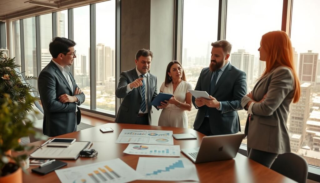 A modern office workspace filled with diverse professionals collaborating on a selection methodology for executive hiring. In the foreground, a central table displays charts, graphs, and tools like a laptop and a notepad, symbolizing structured selection processes. The middle ground features a group of three well-dressed individuals engaged in animated discussion; one points to a digital tablet, another takes notes, and the third observes thoughtfully. In the background, tall windows let in warm, natural light, showcasing a cityscape of Medellin, emphasizing growth and opportunity. The atmosphere is dynamic and focused, with a sense of professionalism and innovation in the air. The entire scene conveys an essence of teamwork and strategic planning in talent acquisition. A modern office workspace filled with diverse professionals collaborating on a selection methodology for executive hiring. In the foreground, a central table displays charts, graphs, and tools like a laptop and a notepad, symbolizing structured selection processes. The middle ground features a group of three well-dressed individuals engaged in animated discussion; one points to a digital tablet, another takes notes, and the third observes thoughtfully. In the background, tall windows let in warm, natural light, showcasing a cityscape of Medellin, emphasizing growth and opportunity. The atmosphere is dynamic and focused, with a sense of professionalism and innovation in the air. The entire scene conveys an essence of teamwork and strategic planning in talent acquisition.