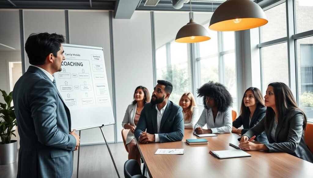 A modern professional coaching environment showcasing a diverse group of individuals engaged in a training session. In the foreground, a confident facilitator stands at a whiteboard filled with coaching models and frameworks, dressed in smart business attire. In the middle, participants of various ethnicities, also in professional attire, are seated at a large conference table, actively discussing and taking notes, with some showcasing thoughtful expressions. The background features large windows allowing natural light to flood the room, creating a bright and uplifting atmosphere. Soft pendant lighting adds warmth to the space. The mood is focused and collaborative, reflecting a commitment to personal and professional growth. The camera angle captures the dynamics of the room, emphasizing both the facilitator and participants engaged in the coaching process.