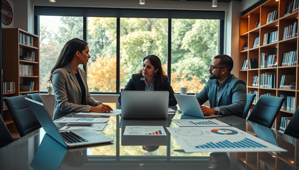 A modern, professional office environment serves as the backdrop for a dynamic scene that symbolizes the optimization of the selection process in hiring. In the foreground, a diverse group of three professionals, two women and one man, engage in discussion around a sleek conference table filled with laptops, documents, and charts depicting hiring metrics. The middle ground showcases a large window allowing natural light to flood the room, highlighting the vibrant colors of nature outside. In the background, shelves lined with books about recruitment and talent acquisition create an intellectual atmosphere. Soft, warm lighting enhances the mood of collaboration and success, captured through a slightly overhead angle that draws the viewer into the conversation. The image conveys a sense of professionalism, innovation, and teamwork. A modern, professional office environment serves as the backdrop for a dynamic scene that symbolizes the optimization of the selection process in hiring. In the foreground, a diverse group of three professionals, two women and one man, engage in discussion around a sleek conference table filled with laptops, documents, and charts depicting hiring metrics. The middle ground showcases a large window allowing natural light to flood the room, highlighting the vibrant colors of nature outside. In the background, shelves lined with books about recruitment and talent acquisition create an intellectual atmosphere. Soft, warm lighting enhances the mood of collaboration and success, captured through a slightly overhead angle that draws the viewer into the conversation. The image conveys a sense of professionalism, innovation, and teamwork.