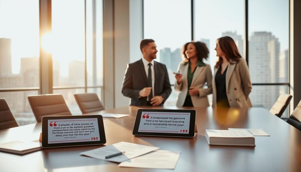 A modern, professional office setting with a sleek conference table in the foreground. On the table, there are several printed documents and a tablet displaying glowing testimonials from satisfied clients and successful placements by a talent scout. In the middle ground, a diverse group of three professionals, dressed in sharp business attire, engage in an animated discussion, exuding enthusiasm and collaboration. In the background, a large window with a cityscape view lets in warm, natural light, creating a bright and inviting atmosphere. The scene conveys a sense of trust, competence, and strategic partnership, highlighting the effectiveness of the talent scout's work. The image should reflect a positive and motivational environment. A modern, professional office setting with a sleek conference table in the foreground. On the table, there are several printed documents and a tablet displaying glowing testimonials from satisfied clients and successful placements by a talent scout. In the middle ground, a diverse group of three professionals, dressed in sharp business attire, engage in an animated discussion, exuding enthusiasm and collaboration. In the background, a large window with a cityscape view lets in warm, natural light, creating a bright and inviting atmosphere. The scene conveys a sense of trust, competence, and strategic partnership, highlighting the effectiveness of the talent scout's work. The image should reflect a positive and motivational environment.