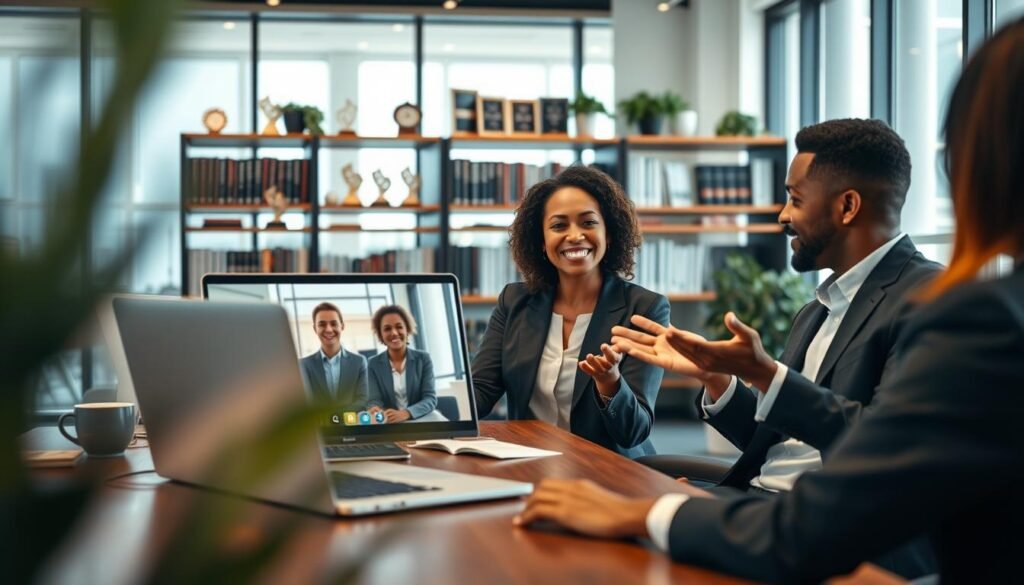 A modern, professional workspace scene depicting online executive coaching. In the foreground, a diverse group of three professionals engaged in a video call on a laptop, with one person gesturing as they speak. All subjects are dressed in professional business attire, showcasing a confident and collaborative atmosphere. In the middle ground, there are bookshelves filled with business-related books and awards, emphasizing a learning environment. The background reveals a well-lit office space with large windows, allowing natural light to flood the room, creating a warm and inviting atmosphere. Soft focus on surrounding elements, with a slight blur to keep the focus on the interaction. The overall mood conveys motivation, professionalism, and the flexibility of online learning. A modern, professional workspace scene depicting online executive coaching. In the foreground, a diverse group of three professionals engaged in a video call on a laptop, with one person gesturing as they speak. All subjects are dressed in professional business attire, showcasing a confident and collaborative atmosphere. In the middle ground, there are bookshelves filled with business-related books and awards, emphasizing a learning environment. The background reveals a well-lit office space with large windows, allowing natural light to flood the room, creating a warm and inviting atmosphere. Soft focus on surrounding elements, with a slight blur to keep the focus on the interaction. The overall mood conveys motivation, professionalism, and the flexibility of online learning.