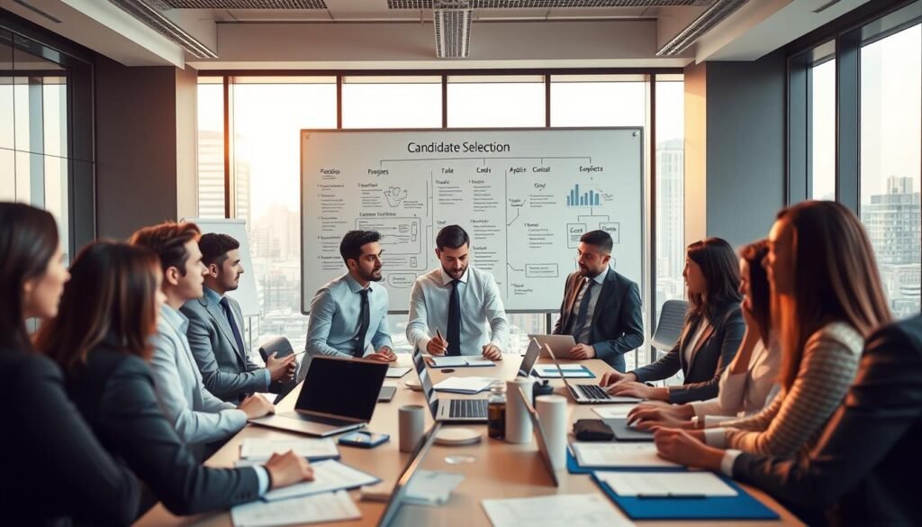 A modern recruitment office scene illustrating candidate selection methodologies. In the foreground, a diverse group of professionals in business attire, actively engaging in a discussion around a large table filled with application materials and laptops. The middle ground features a large whiteboard with flowcharts and graphs depicting candidate evaluation processes. In the background, large windows with natural light streaming in, offering a view of a bustling cityscape, creating a sense of openness and professionalism. The atmosphere is dynamic and focused, with warm lighting that enhances collaboration and innovation. Capture a slight depth of field to emphasize the table conversation while maintaining clarity on the whiteboard and background elements.