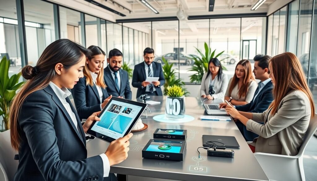A modern recruitment scene showcasing innovative hiring techniques in Colombia. In the foreground, a diverse group of professionals in smart business attire engages around a digital tablet, analyzing resumes and virtual interview software. In the middle, a sleek conference table is filled with technological gadgets, like AI-driven assessment tools and holographic displays of candidate data. The background features a bright, open office space with glass walls and green indoor plants, symbolizing creativity and transparency. Natural light floods the room, creating a positive and inviting atmosphere. The angle should be slightly above eye level, giving a comprehensive view of the bustling recruitment activity while maintaining a professional tone.