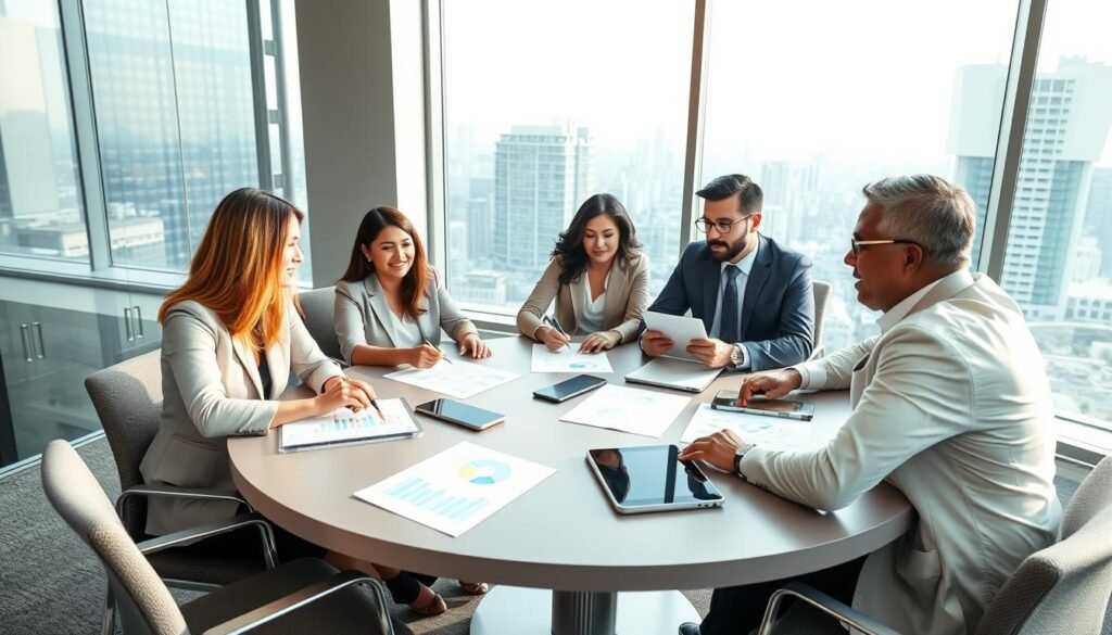 A modern, sophisticated office setting in Colombia, featuring a round conference table with professional recruiters discussing effective executive recruitment strategies. In the foreground, a diverse group of four individuals in business attire, including a Hispanic woman leading the discussion and a Caucasian man taking notes, radiate focused energy. In the middle, documents and digital devices like laptops and tablets display graphs and charts related to recruitment processes. The background showcases a large window with a city skyline view, allowing natural light to flood the room, creating a bright and inviting atmosphere. The mood is collaborative and dynamic, emphasizing innovation and professionalism in executive recruitment methodologies. A modern, sophisticated office setting in Colombia, featuring a round conference table with professional recruiters discussing effective executive recruitment strategies. In the foreground, a diverse group of four individuals in business attire, including a Hispanic woman leading the discussion and a Caucasian man taking notes, radiate focused energy. In the middle, documents and digital devices like laptops and tablets display graphs and charts related to recruitment processes. The background showcases a large window with a city skyline view, allowing natural light to flood the room, creating a bright and inviting atmosphere. The mood is collaborative and dynamic, emphasizing innovation and professionalism in executive recruitment methodologies.