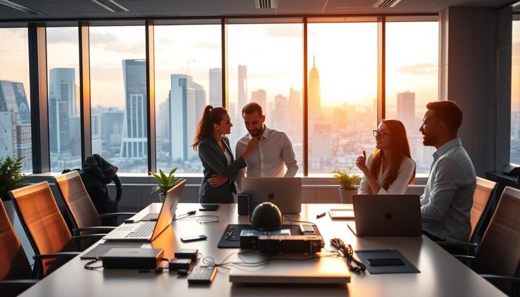 A modern, vibrant office setting filled with technology and innovation. In the foreground, a diverse group of three professionals in smart business attire are engaged in a lively discussion around a sleek conference table, showcasing collaboration and teamwork. In the middle ground, an array of high-tech gadgets like laptops, tablets, and digital displays highlight the benefits of technological advancements for startups. The background features large windows with a view of a bustling city skyline at sunset, casting a warm, golden light throughout the room. The atmosphere is energetic and optimistic, symbolizing growth and opportunity in the tech industry. A modern, vibrant office setting filled with technology and innovation. In the foreground, a diverse group of three professionals in smart business attire are engaged in a lively discussion around a sleek conference table, showcasing collaboration and teamwork. In the middle ground, an array of high-tech gadgets like laptops, tablets, and digital displays highlight the benefits of technological advancements for startups. The background features large windows with a view of a bustling city skyline at sunset, casting a warm, golden light throughout the room. The atmosphere is energetic and optimistic, symbolizing growth and opportunity in the tech industry.